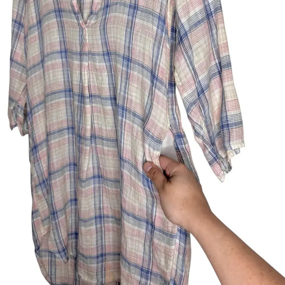 CP Shades Pastel Plaid Linen Split Neck Long Tunic Top Size XS - Picture 5 of 8
